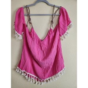 AndTheWhy Barbie Pink Knit Cold Shoulder Sleeve Boho Tassels Hippie Top  NWt